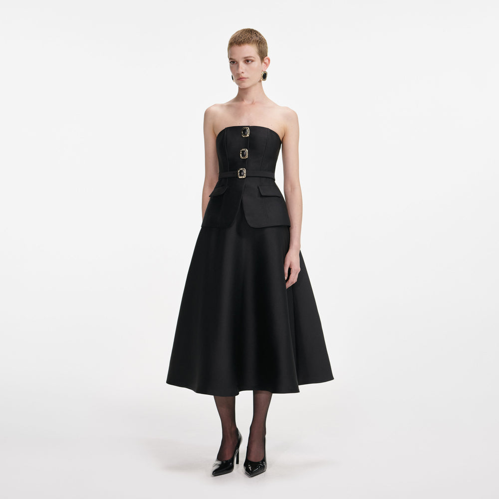 BLACK TAFFETA BANDEAU MIDI DRESS