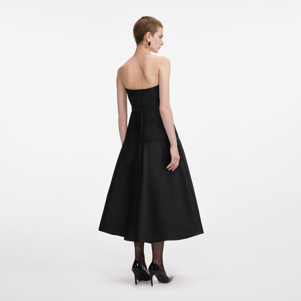 BLACK TAFFETA BANDEAU MIDI DRESS