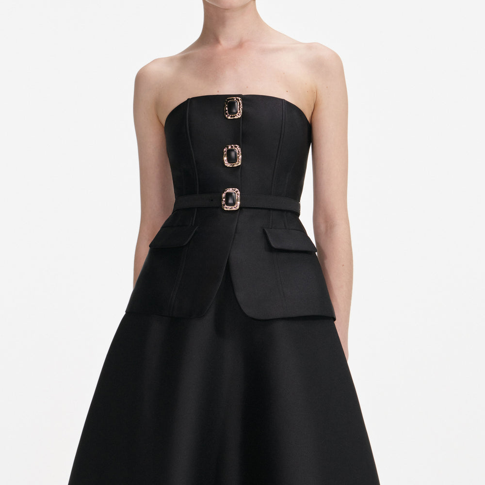 BLACK TAFFETA BANDEAU MIDI DRESS