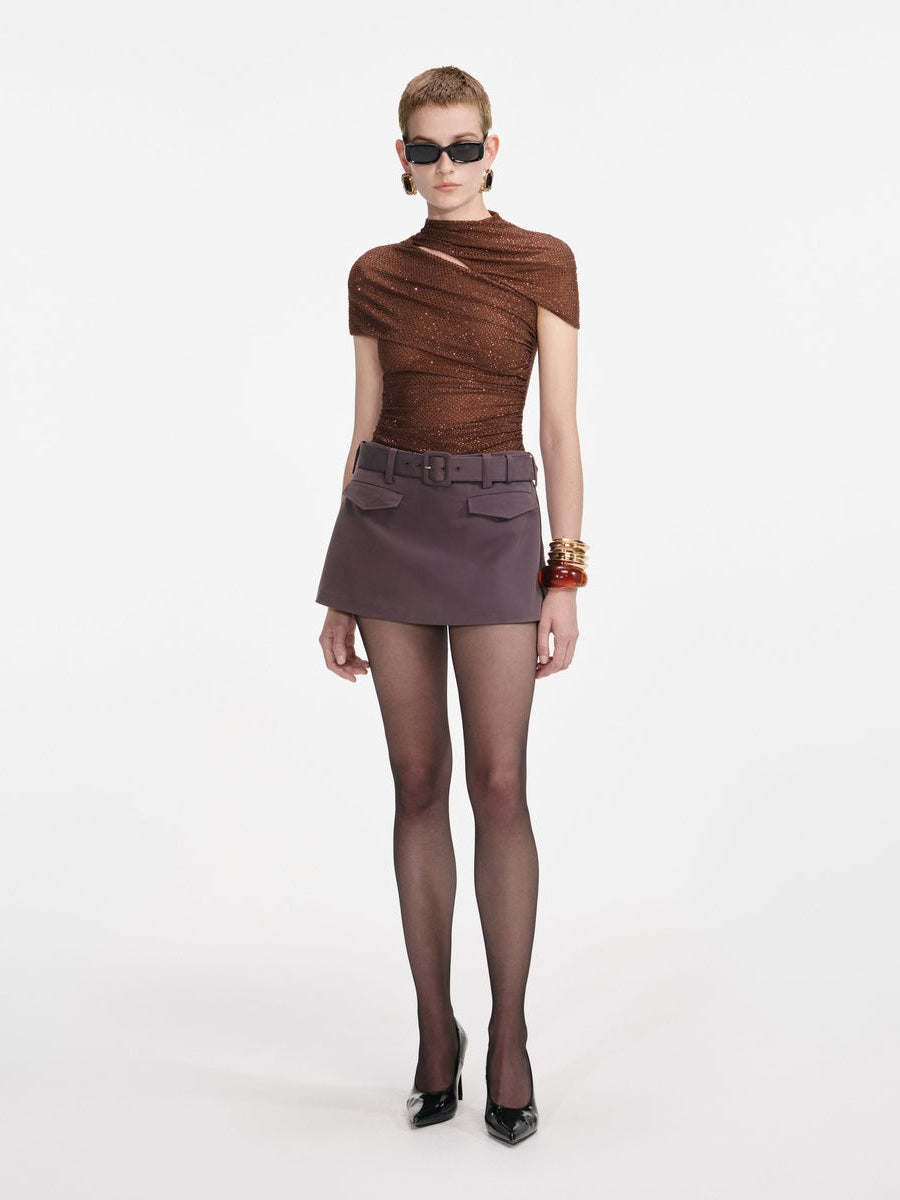 Brown rhinestone mesh cut out top