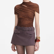 BROWN RHINESTONE MESH CUT OUT TOP