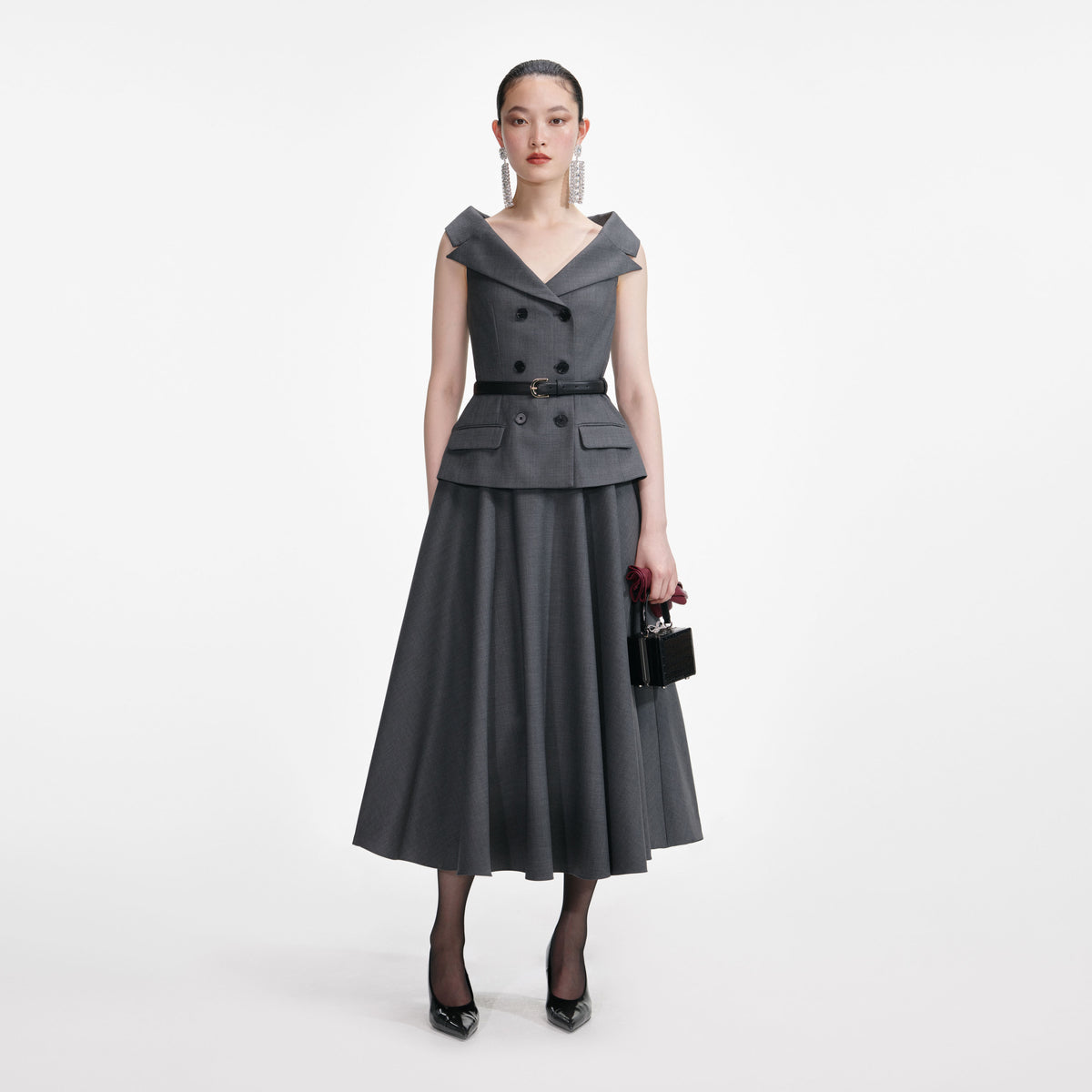 GREY WOOL TAILORED MIDI DRESS