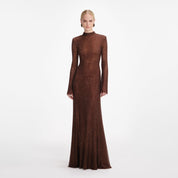 BROWN RHINESTONE MESH MAXI DRESS