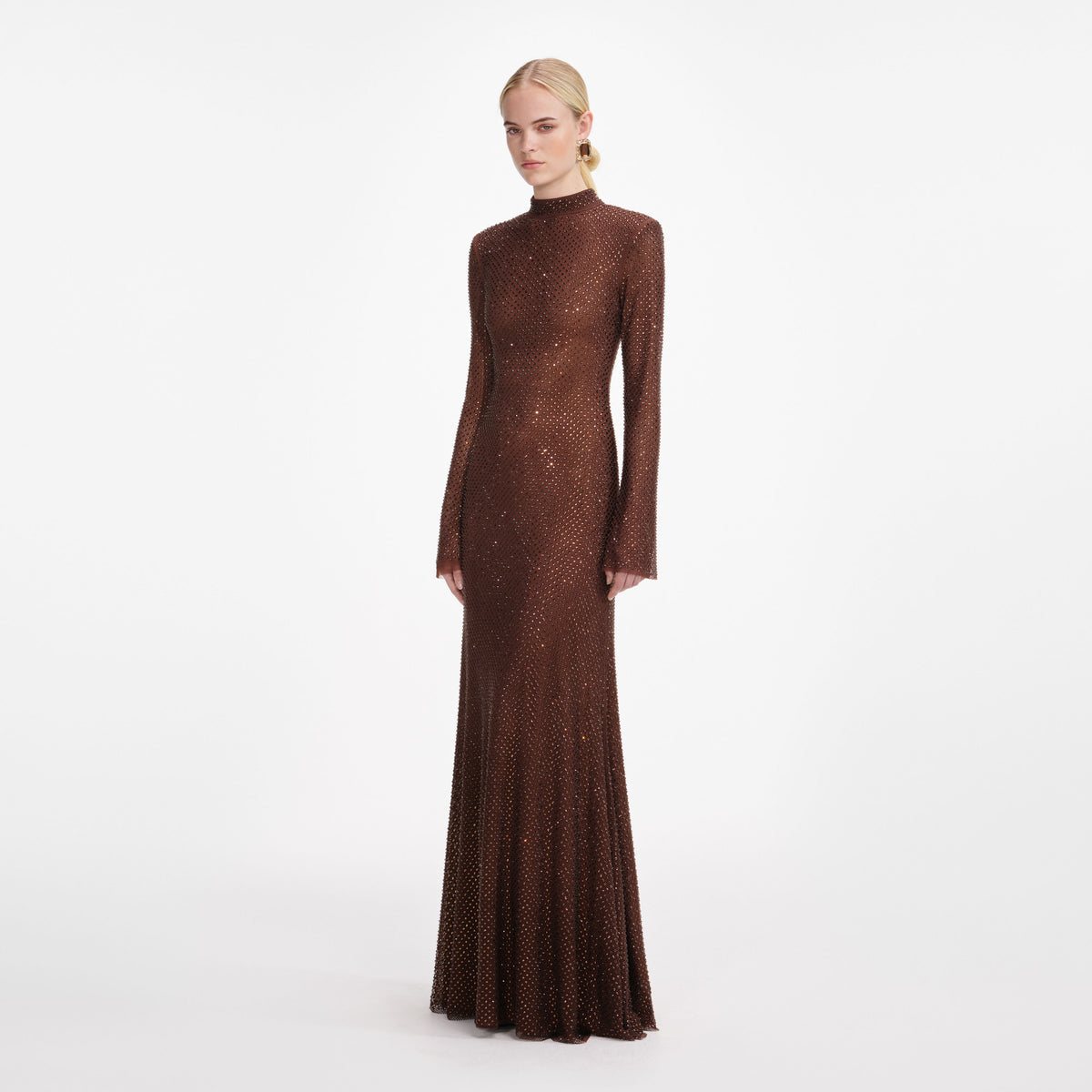 BROWN RHINESTONE MESH MAXI DRESS