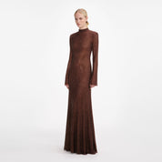 BROWN RHINESTONE MESH MAXI DRESS