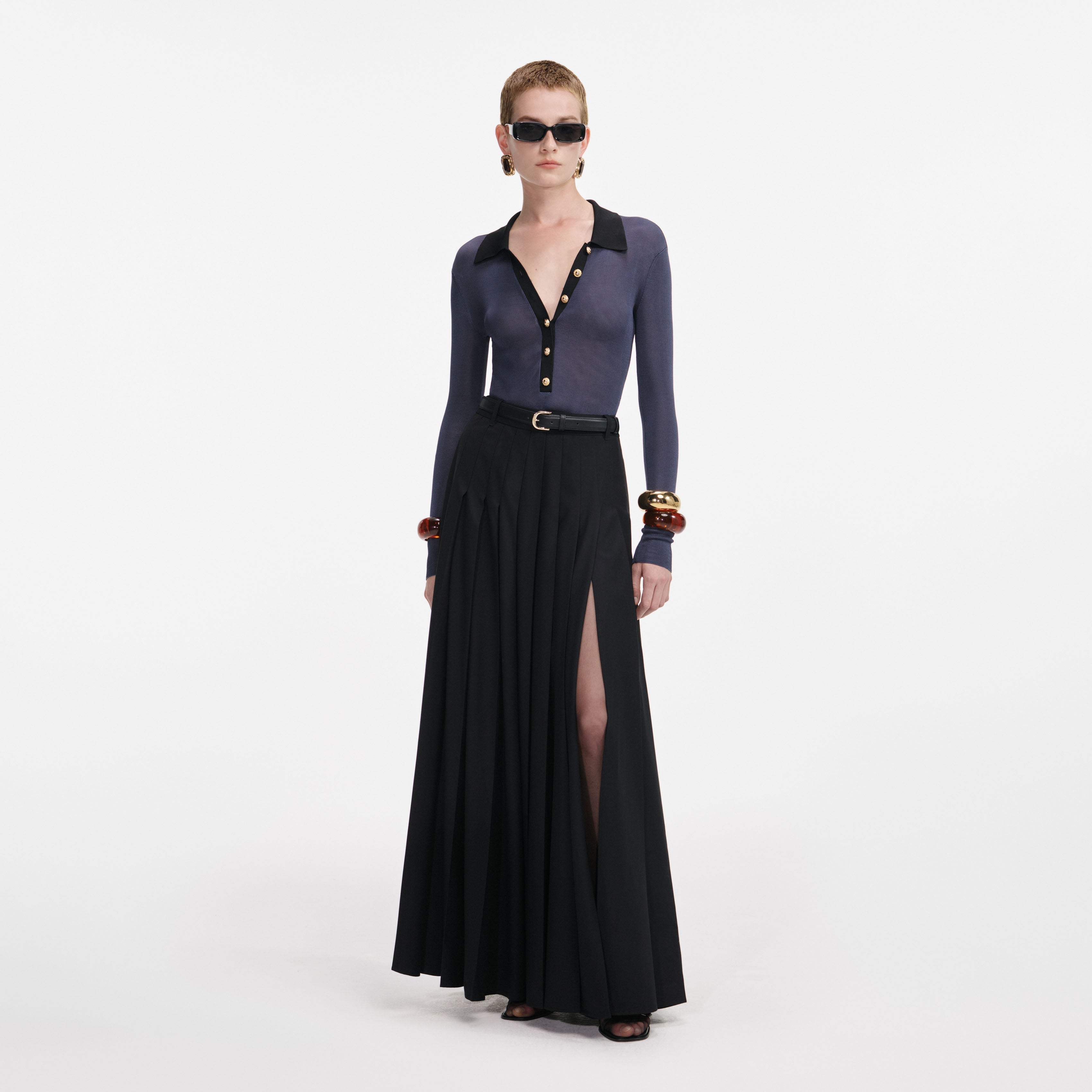 BLACK PLEATED TWILL MAXI SKIRT