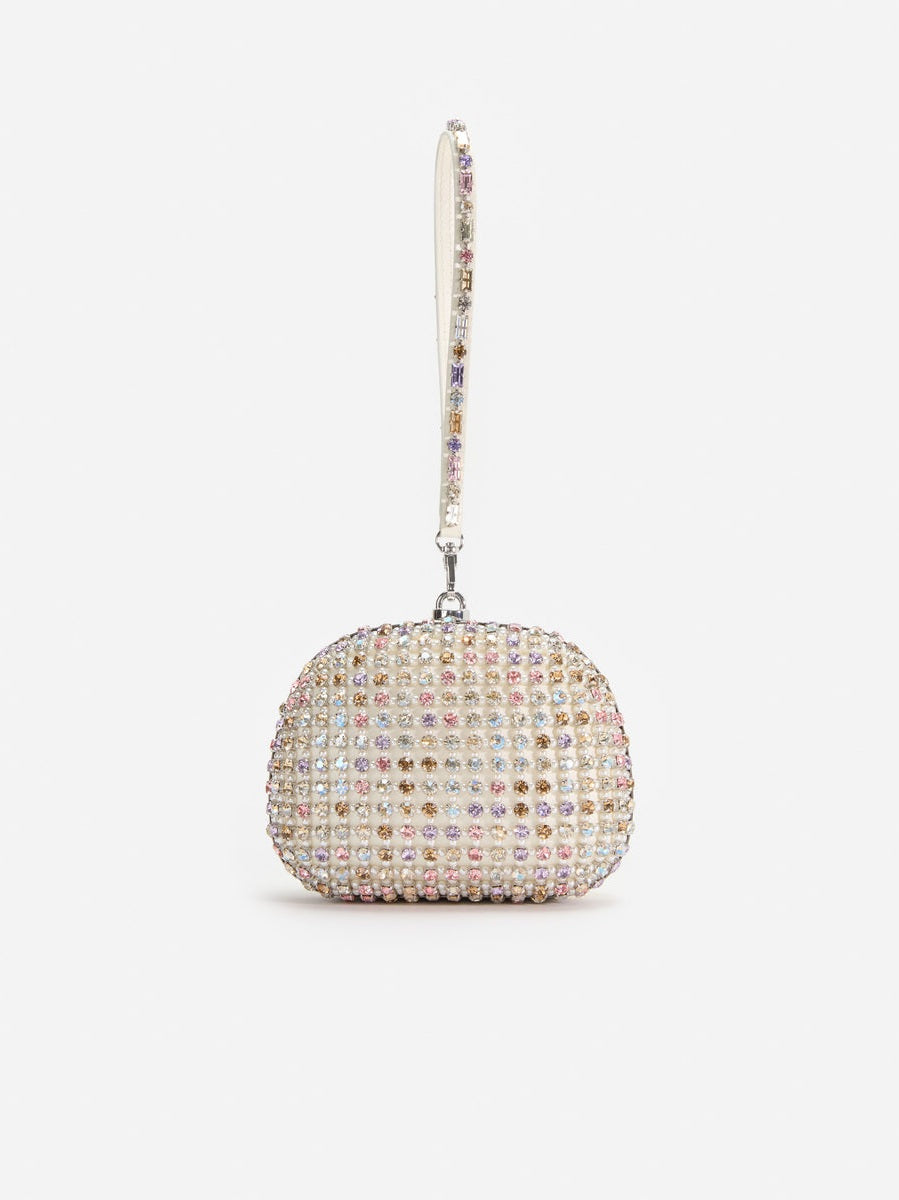 Multi crystal top handle clutch bag