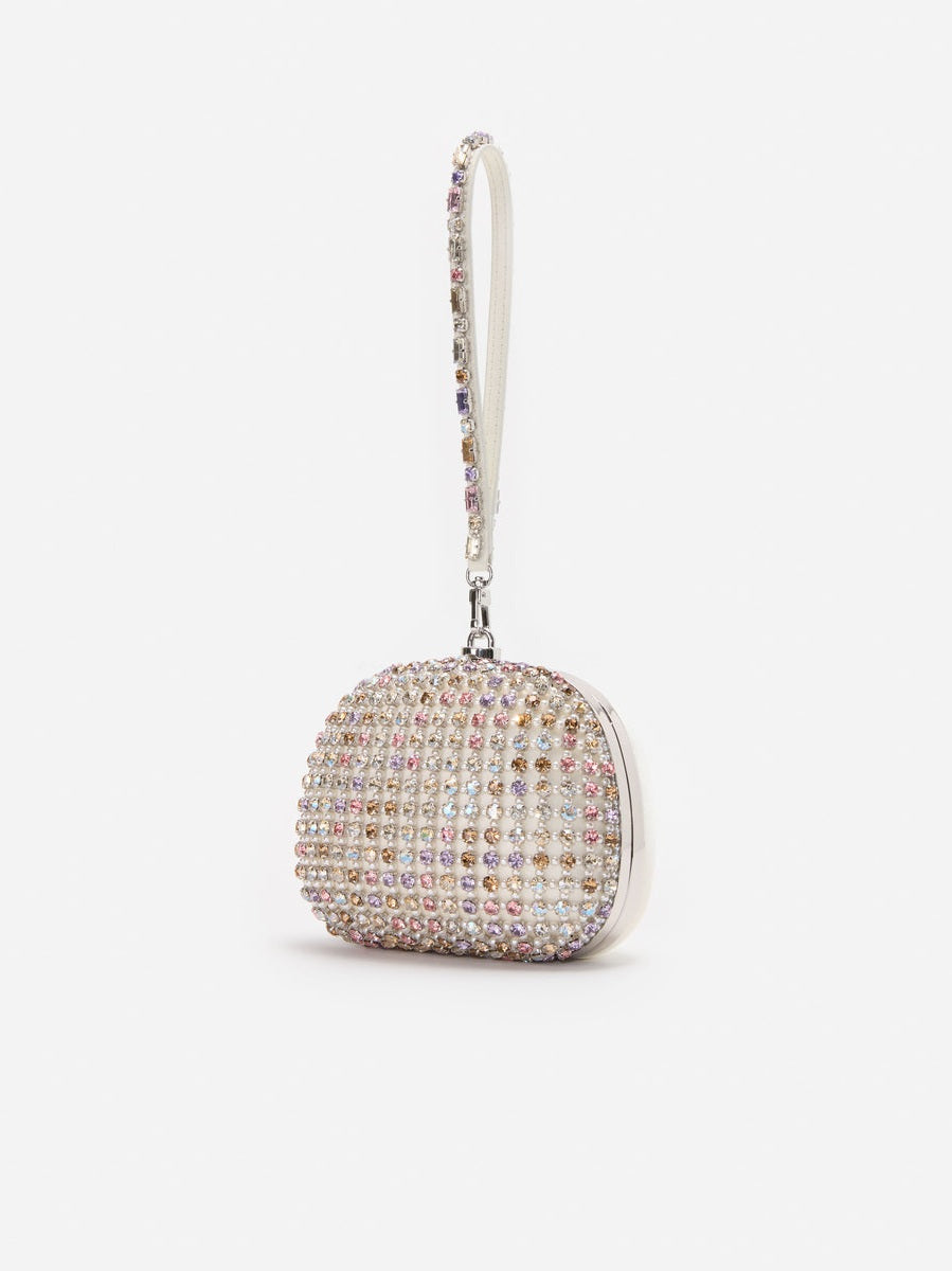 Multi crystal top handle clutch bag