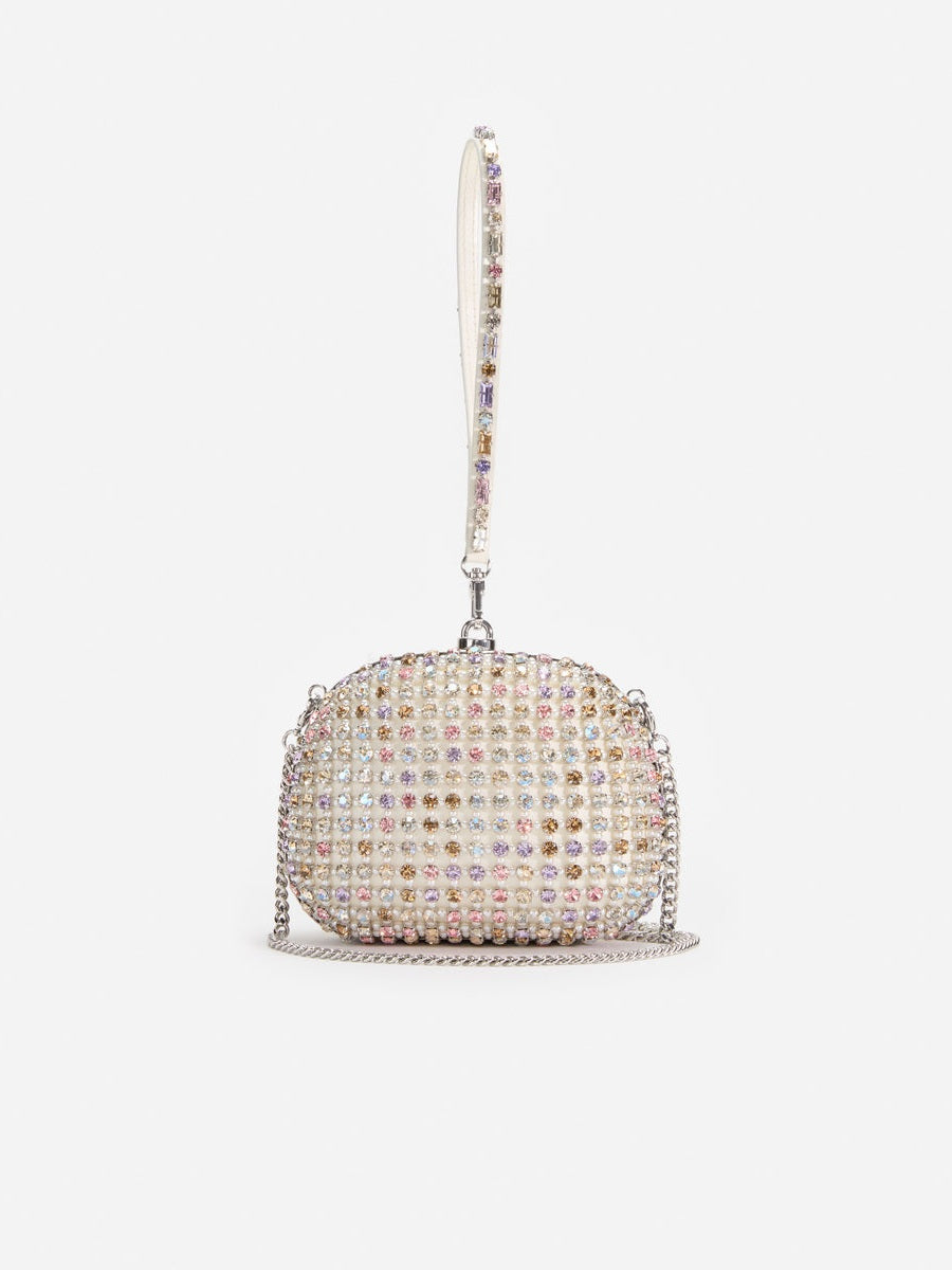 Multi crystal top handle clutch bag