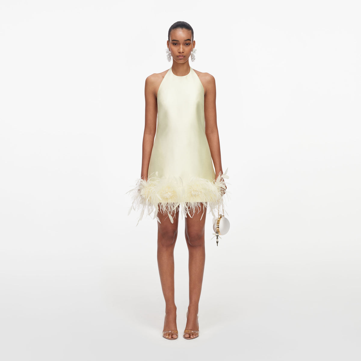 Yellow taffeta feather trim mini dress