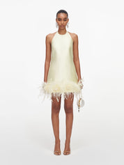 Yellow taffeta feather trim mini dress