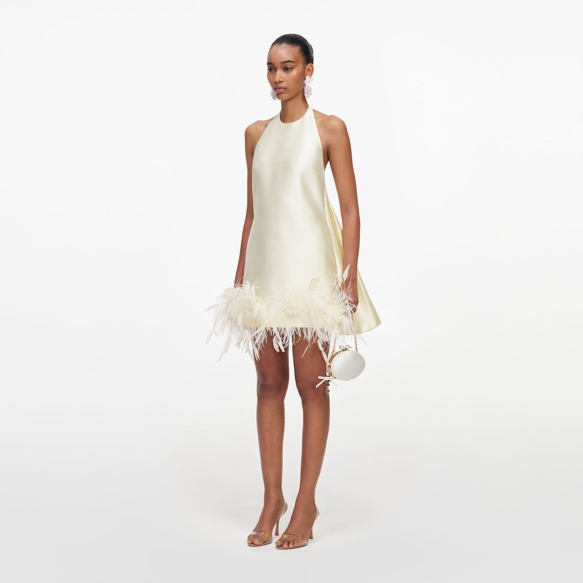 Yellow taffeta feather trim mini dress