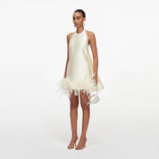 Yellow taffeta feather trim mini dress
