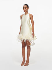 Yellow taffeta feather trim mini dress