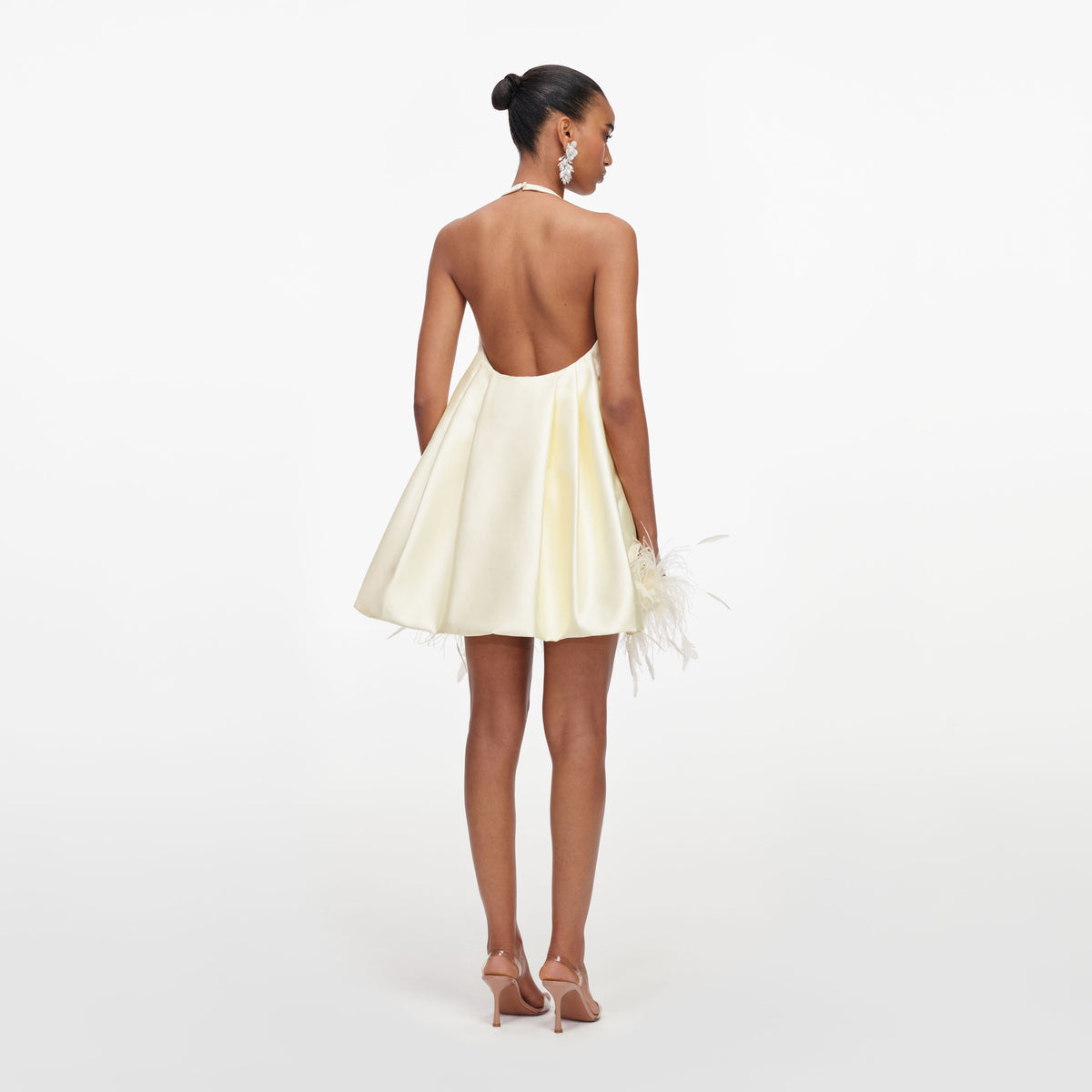 Yellow taffeta feather trim mini dress
