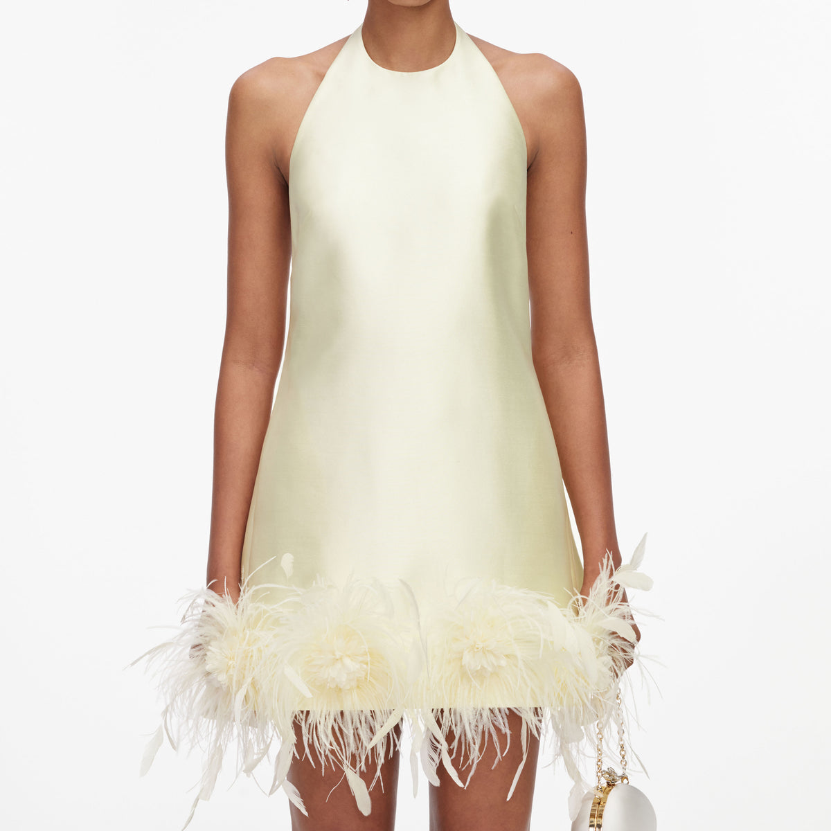 Yellow taffeta feather trim mini dress