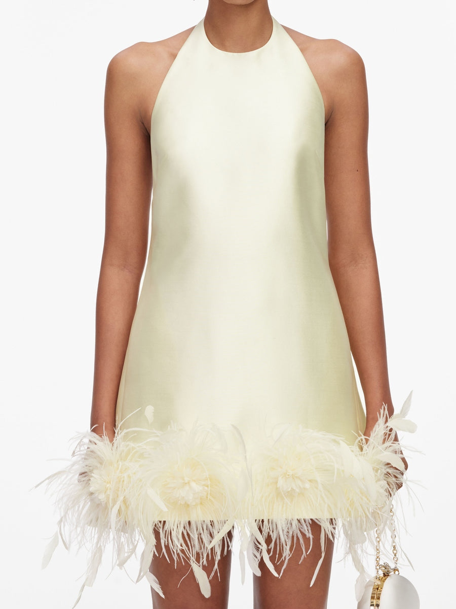 Yellow taffeta feather trim mini dress