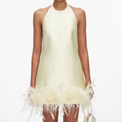 Yellow taffeta feather trim mini dress