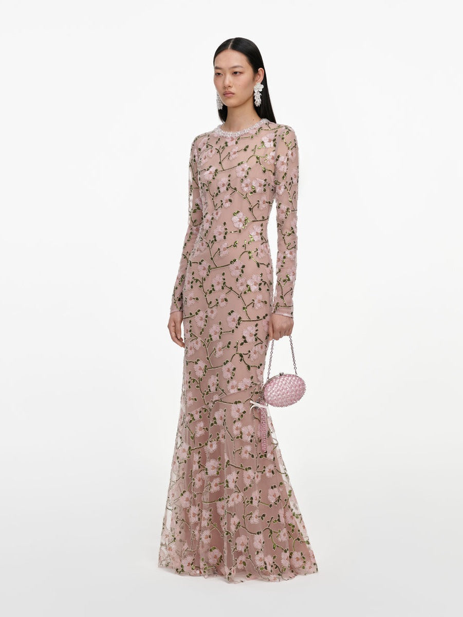 Pink floral sequin maxi dress