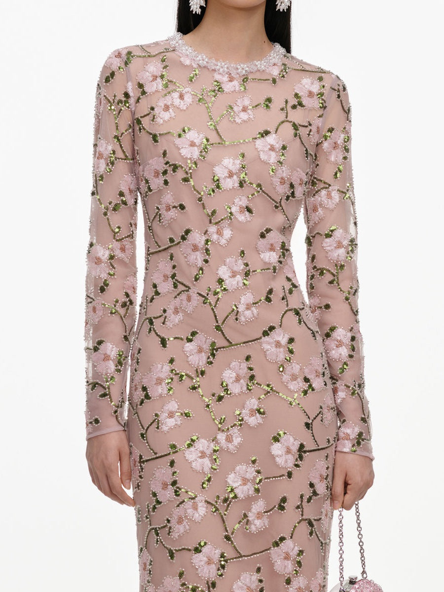 Pink floral sequin maxi dress