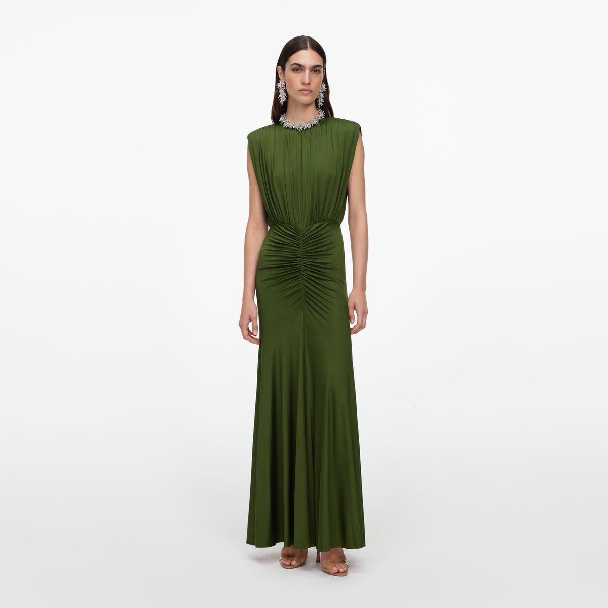 Olive jersey gathered maxi dress