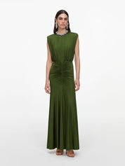 Olive jersey gathered maxi dress