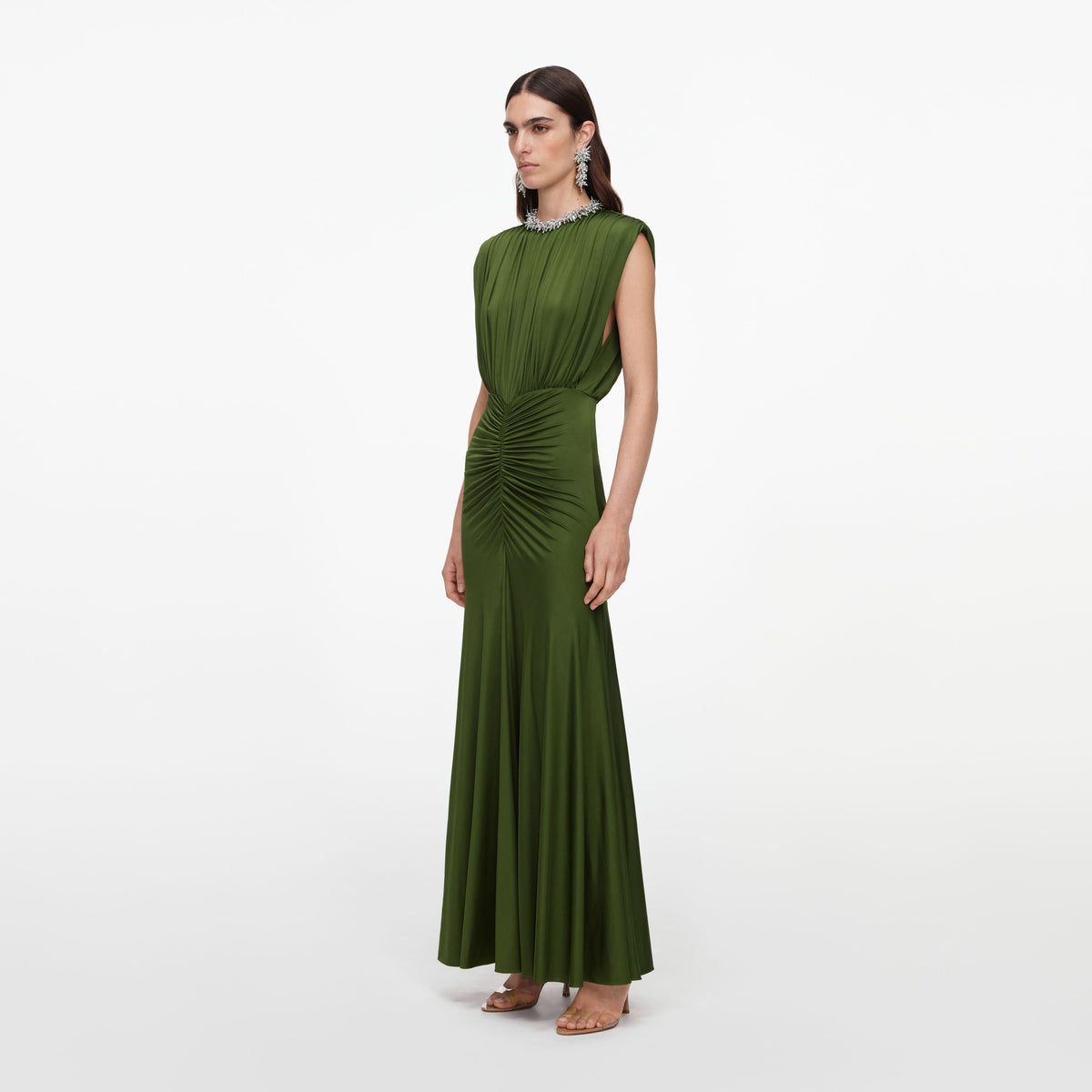 Olive jersey gathered maxi dress