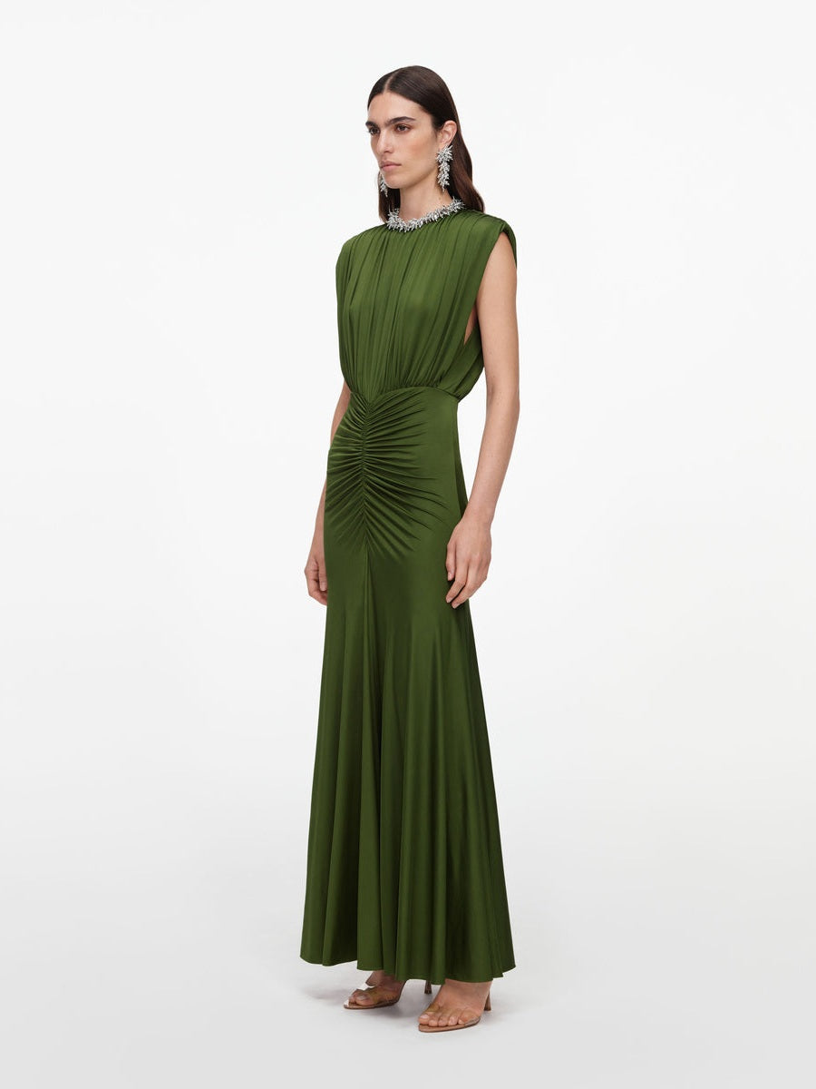 Olive jersey gathered maxi dress