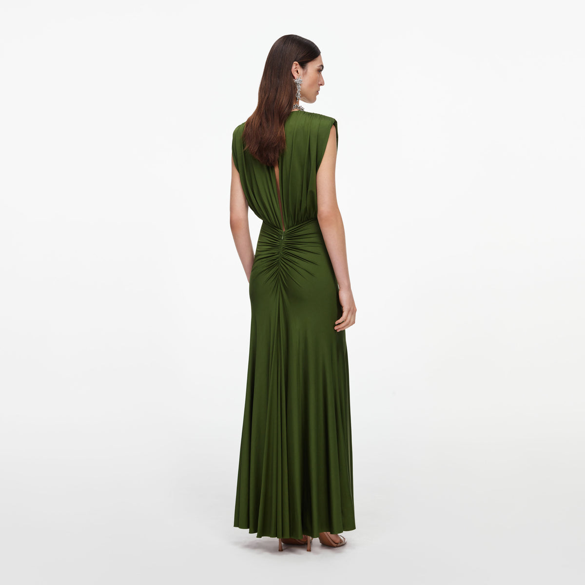 Olive jersey gathered maxi dress