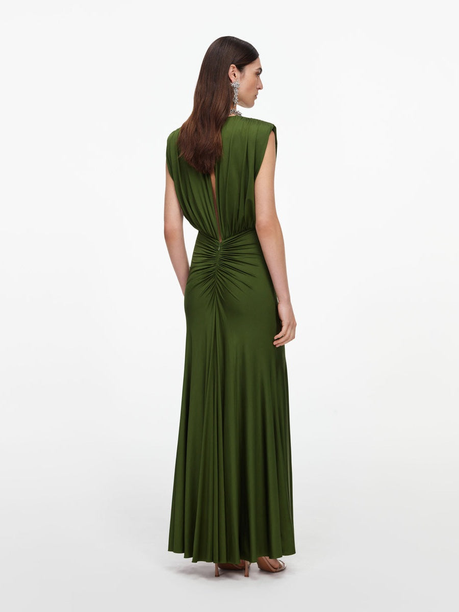 Olive jersey gathered maxi dress
