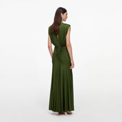 Olive jersey gathered maxi dress