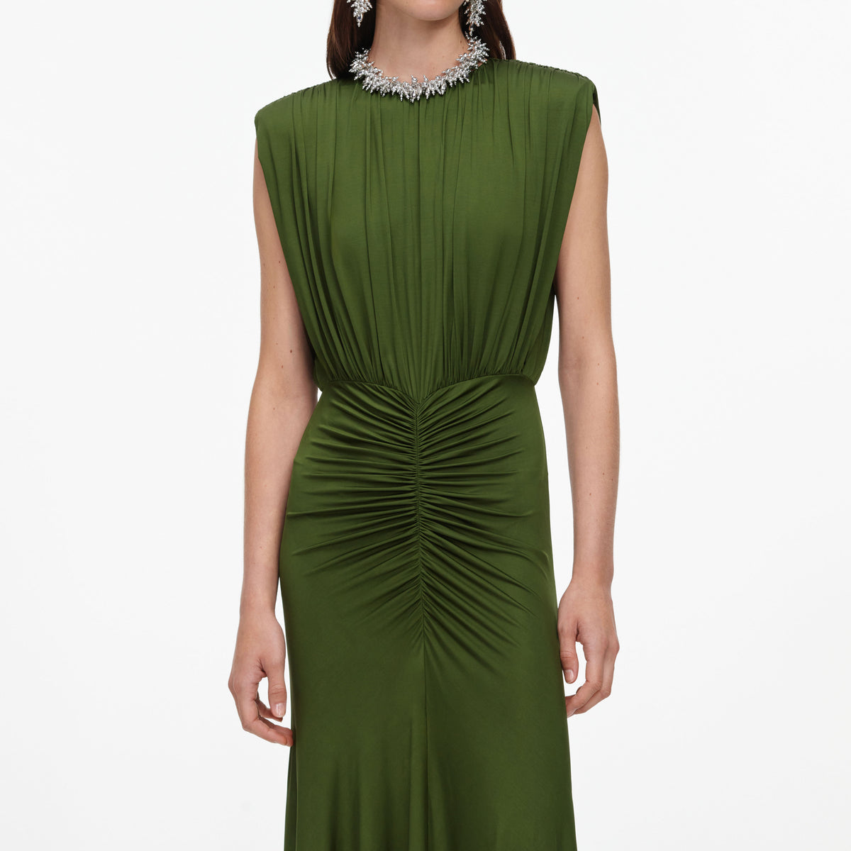 Olive jersey gathered maxi dress