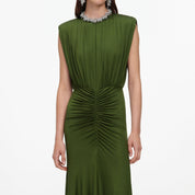 Olive jersey gathered maxi dress