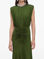 Olive jersey gathered maxi dress