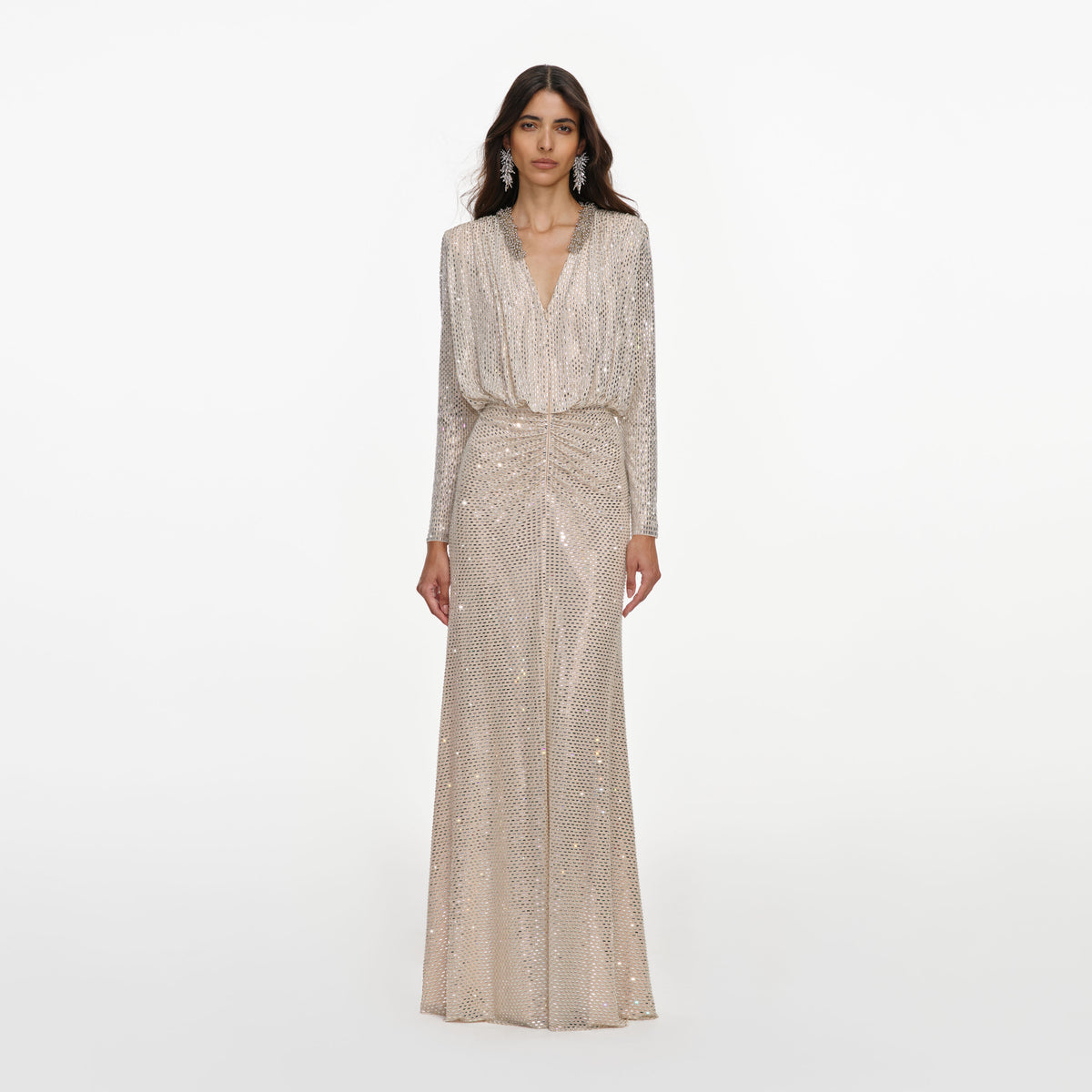 Champagne rhinestone embellished maxi dress