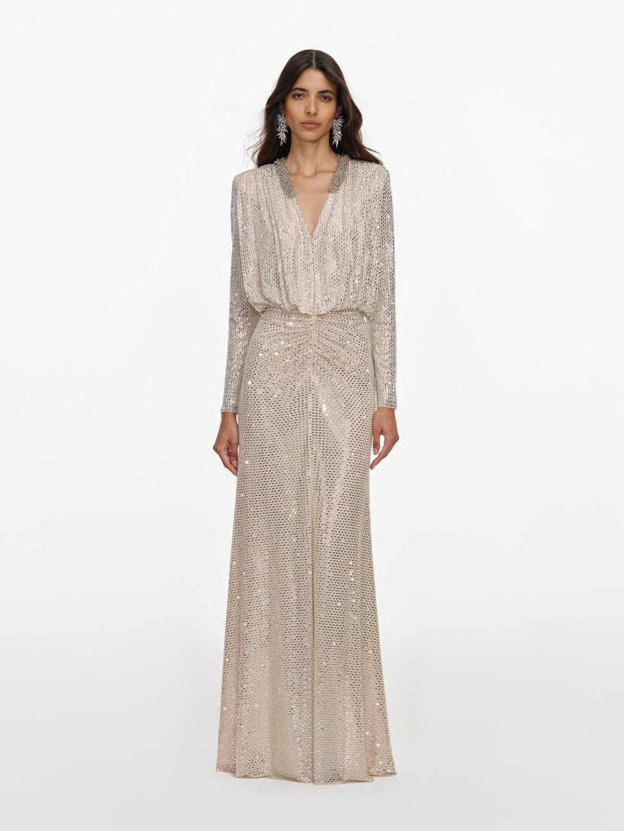 Champagne rhinestone embellished maxi dress