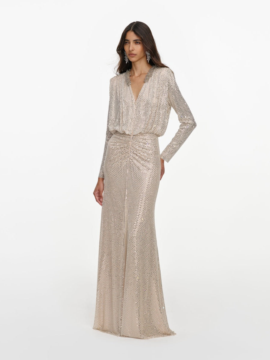 Champagne rhinestone embellished maxi dress