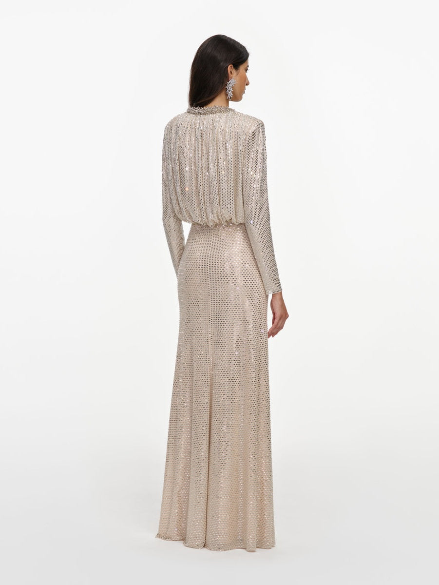 Champagne rhinestone embellished maxi dress