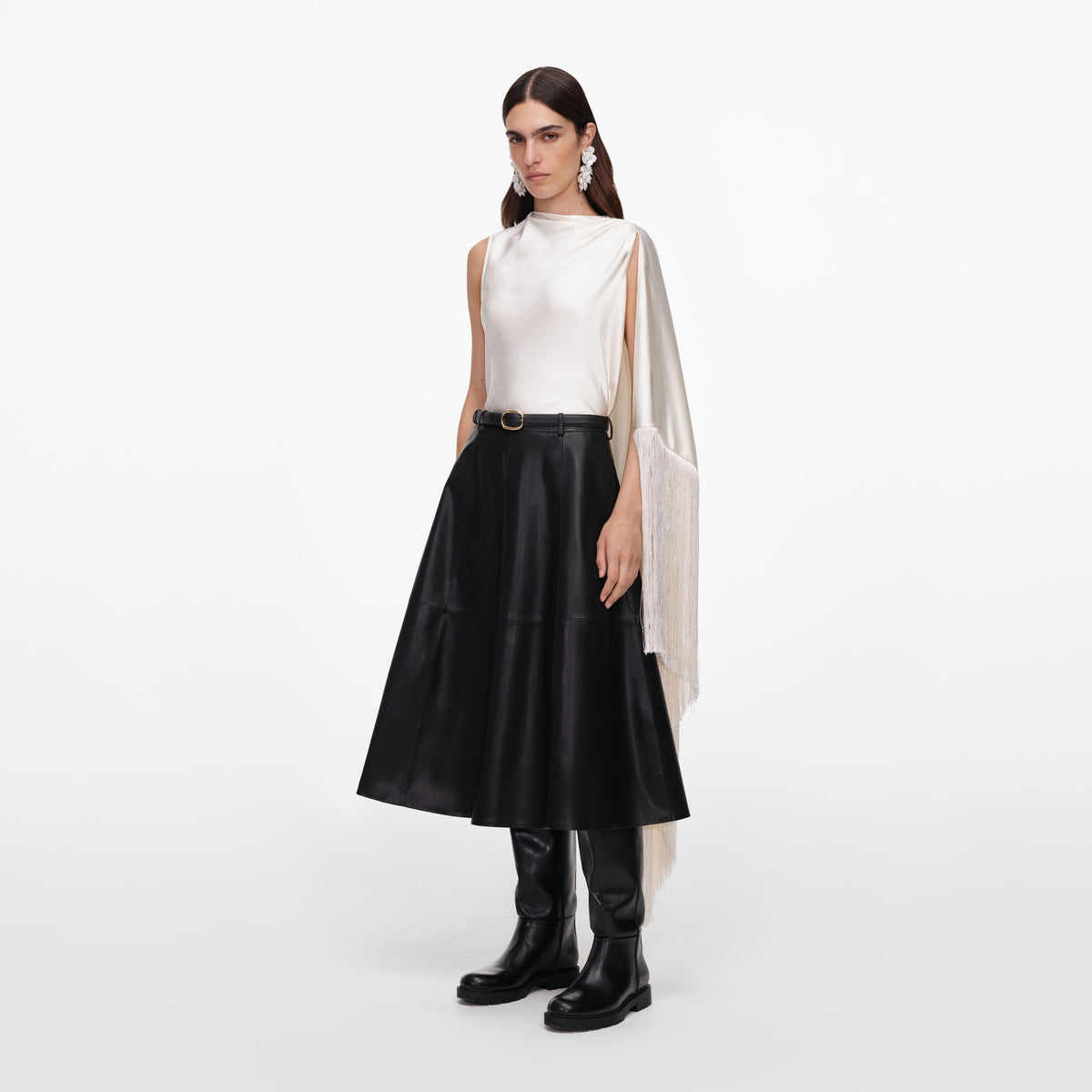 Cream satin fringed scarf top