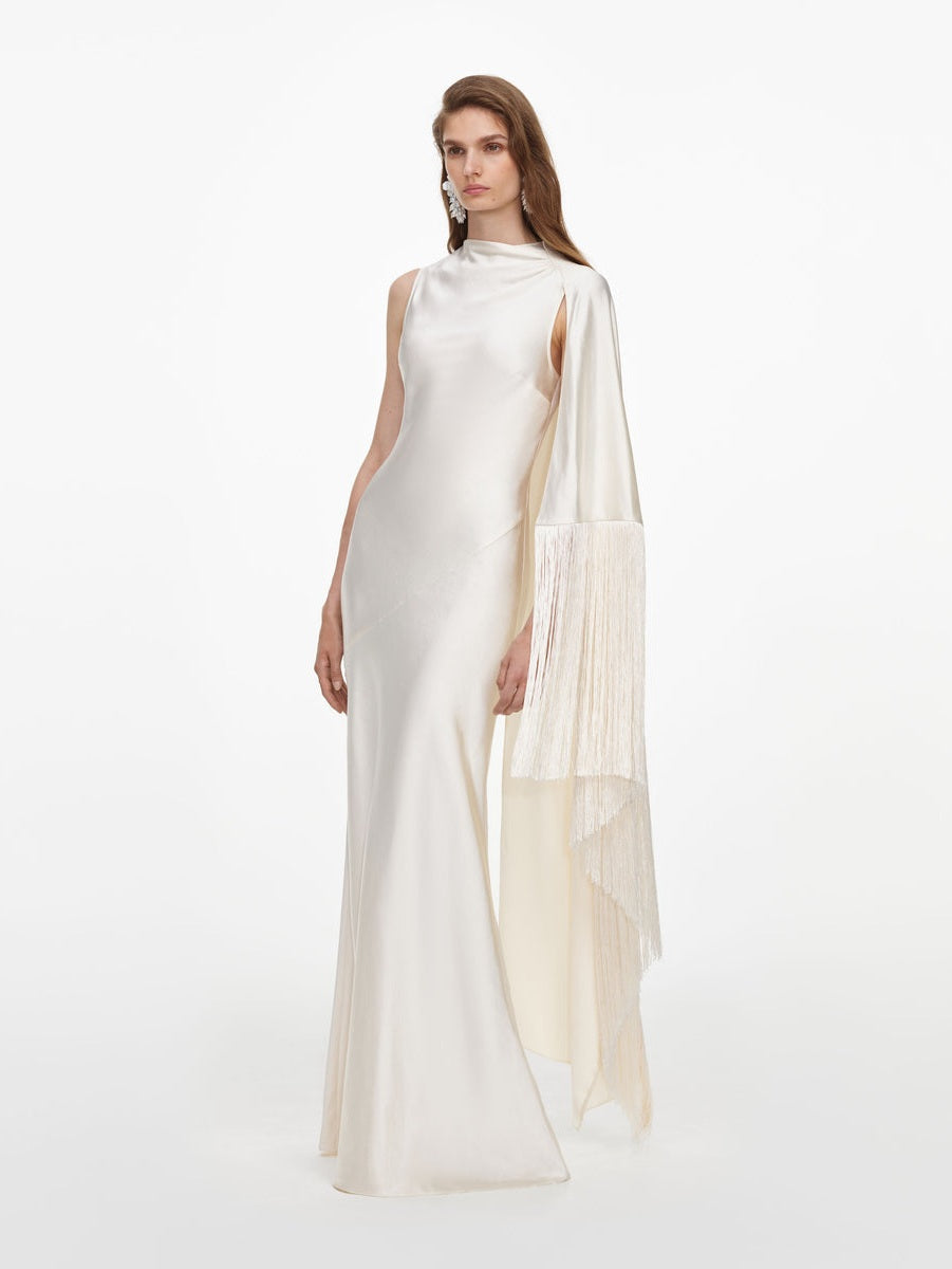 Cream satin fringed maxi dress