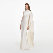 Cream satin fringed maxi dress