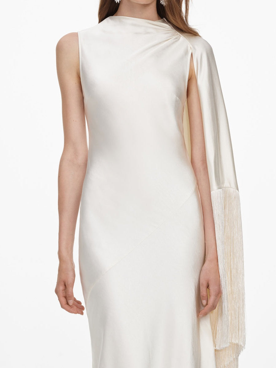 Cream satin fringed maxi dress