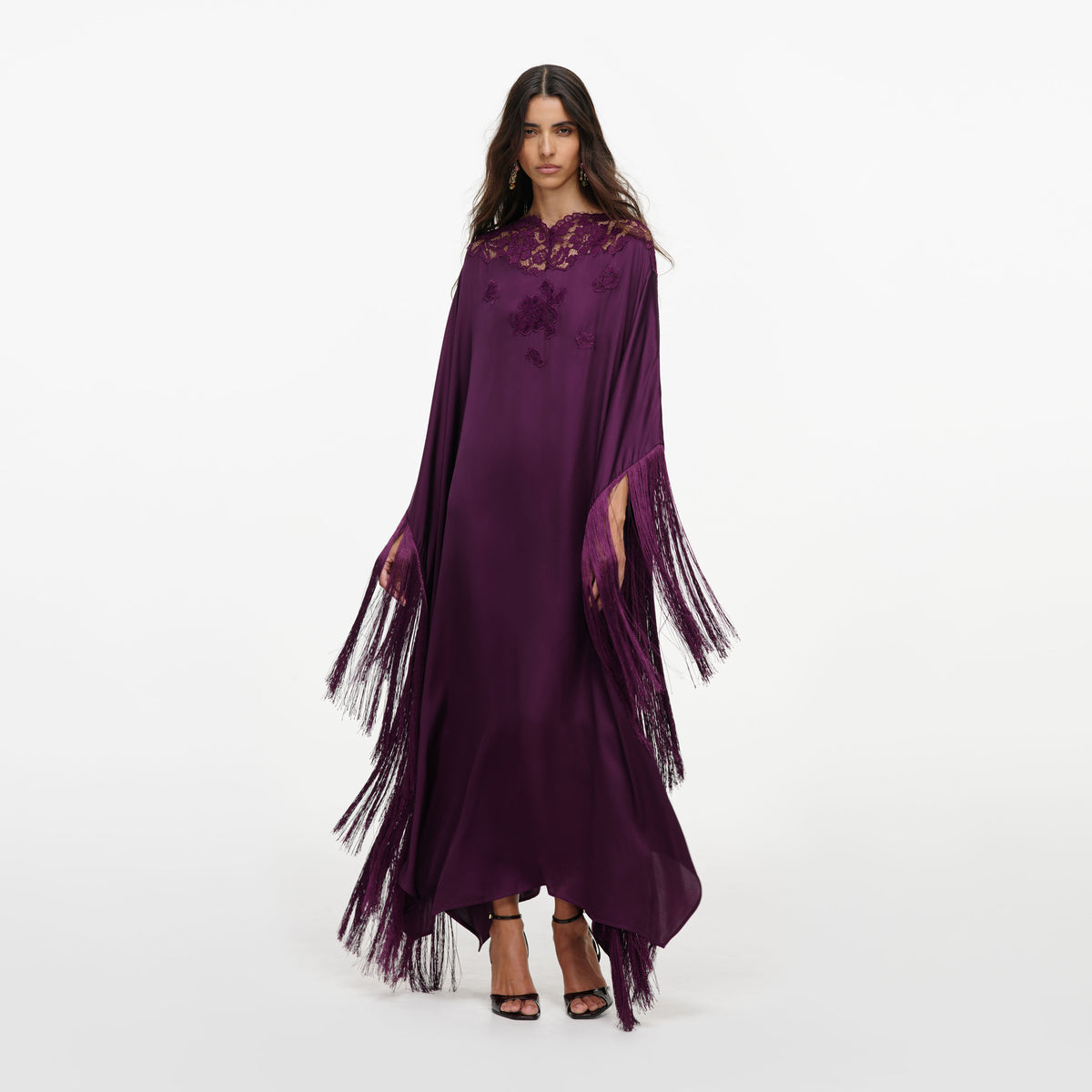 Purple satin fringed kaftan