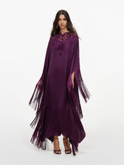 Purple satin fringed kaftan