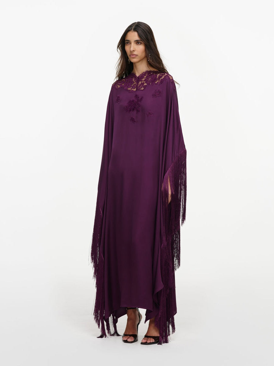 Purple satin fringed kaftan