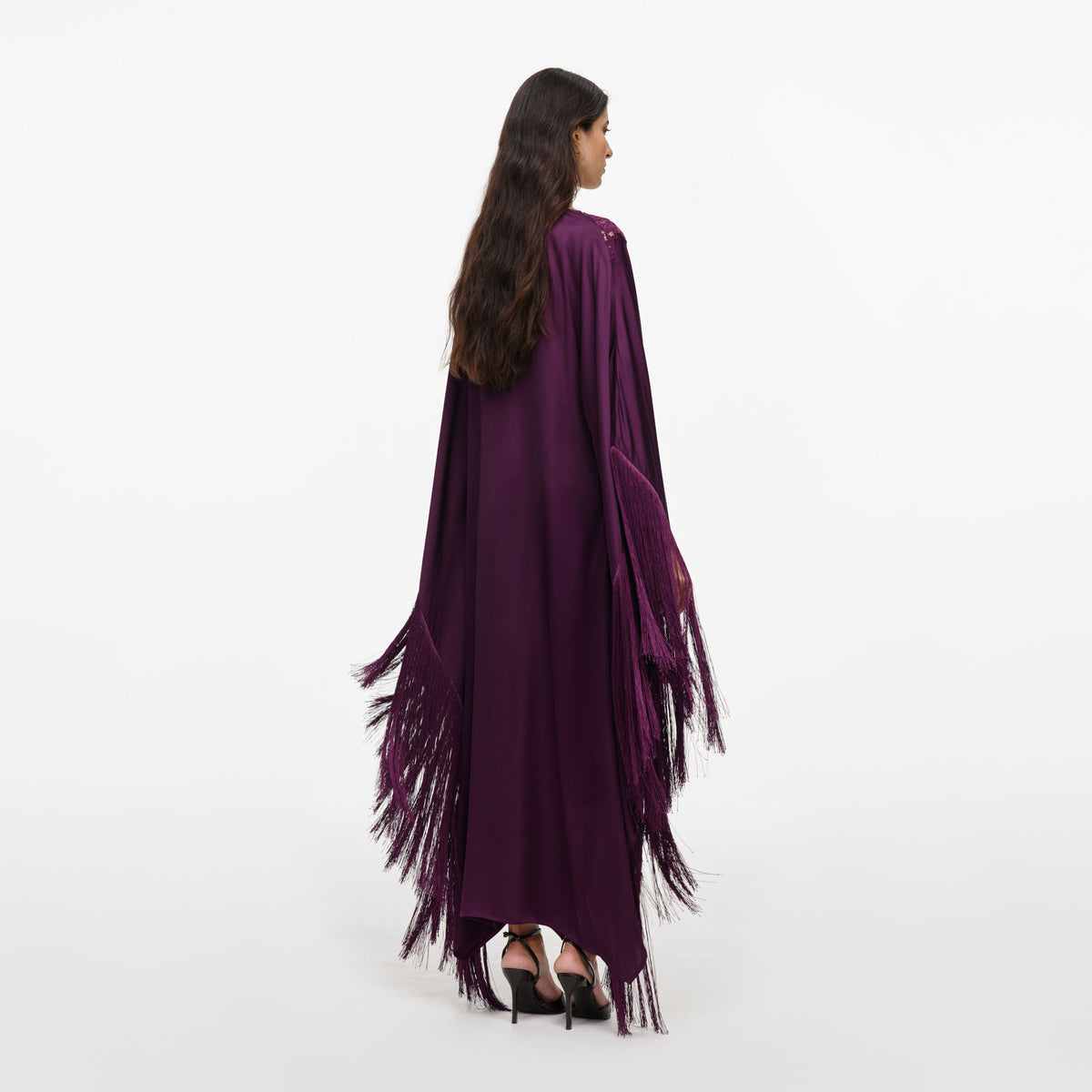 Purple satin fringed kaftan