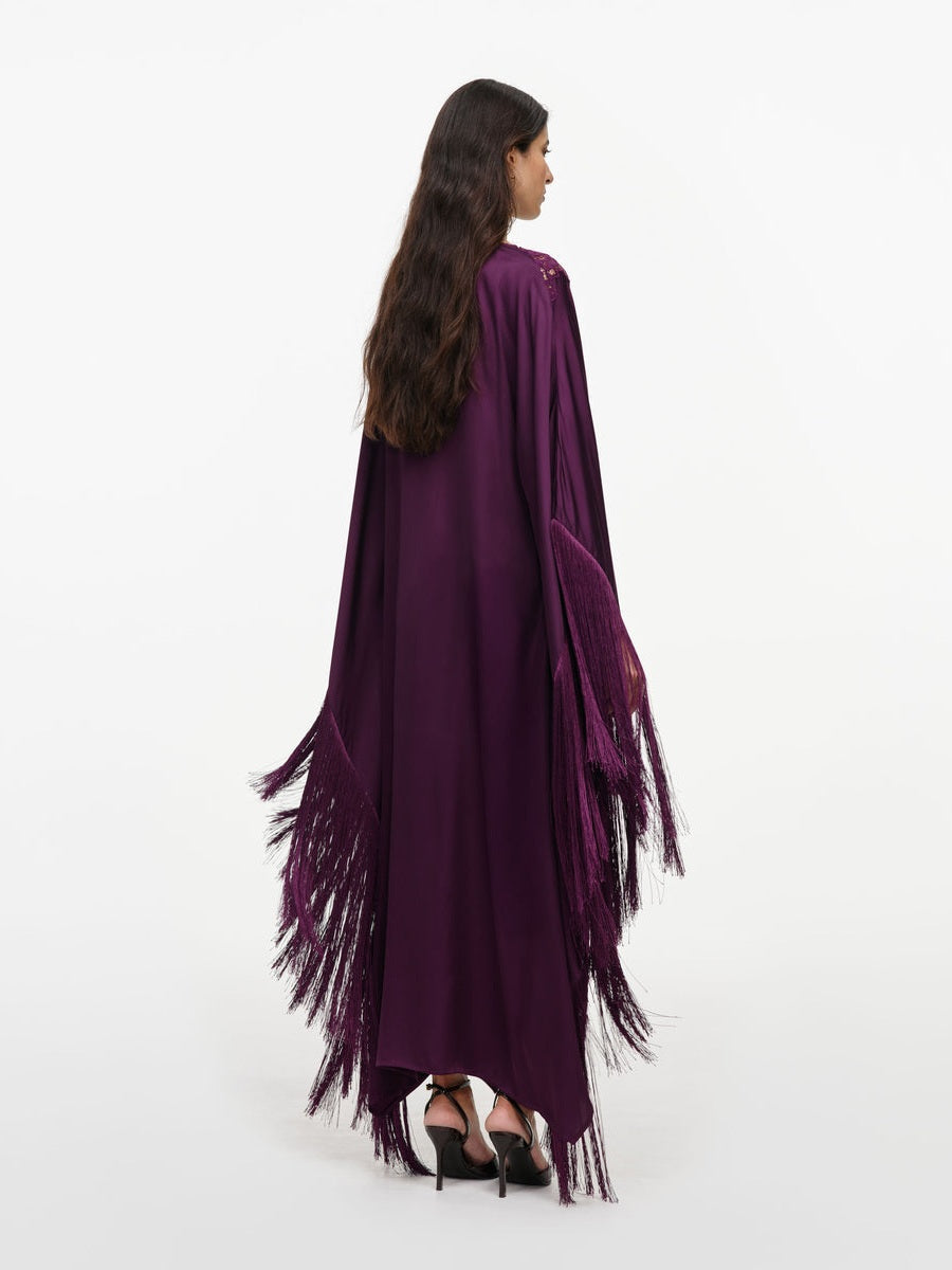 Purple satin fringed kaftan