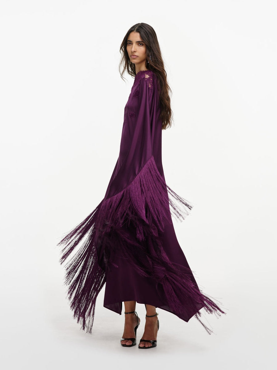 Purple satin fringed kaftan