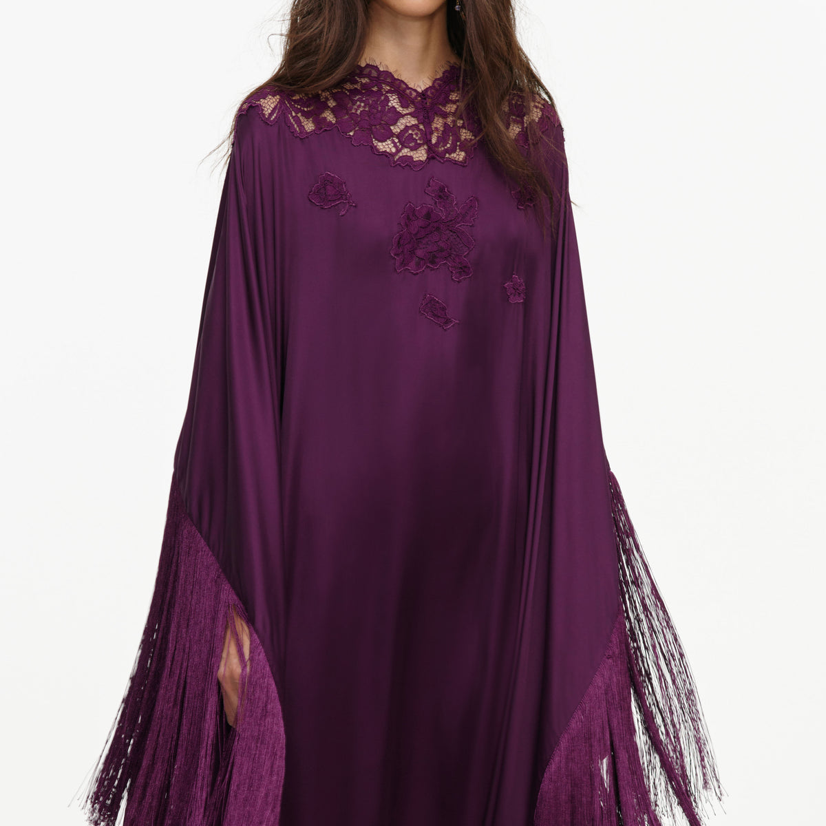 Purple satin fringed kaftan