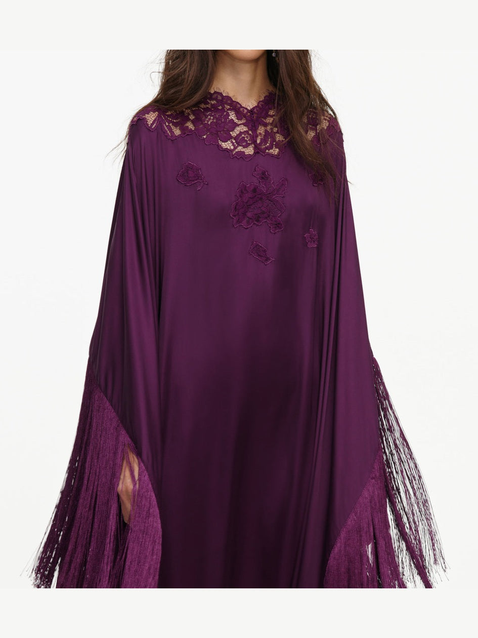 Purple satin fringed kaftan